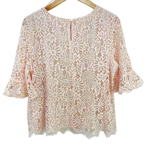 Nanette Lepore Floral Lace Crew Neck Bell Sleeve Top Shirt Large Light Pink - Picture 12 of 14